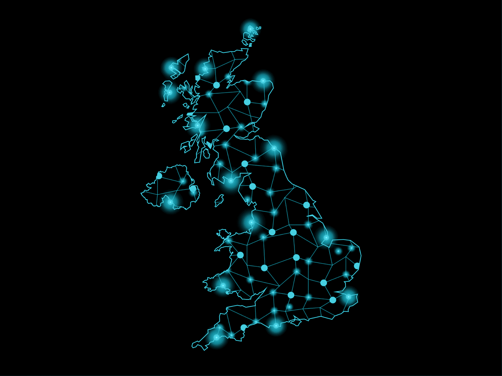 Illustration of the UK with cities marked and connected by  lines