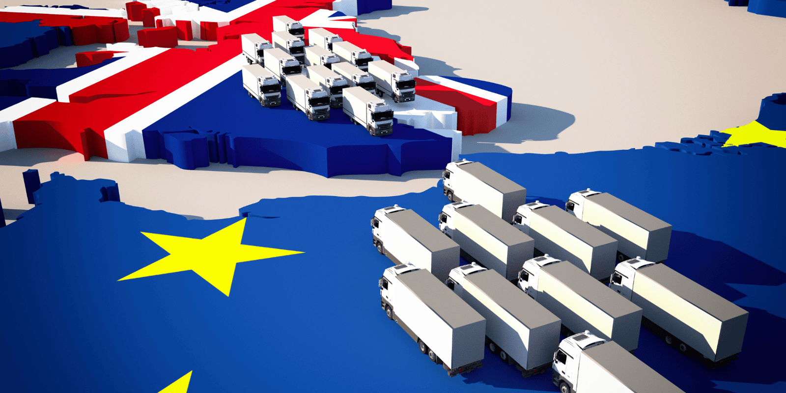 A depiction of the U.K. and EU divide after Brexit, in black and white. There are trucks on either side, facing each other. The Union Jack and EU flags cover the land